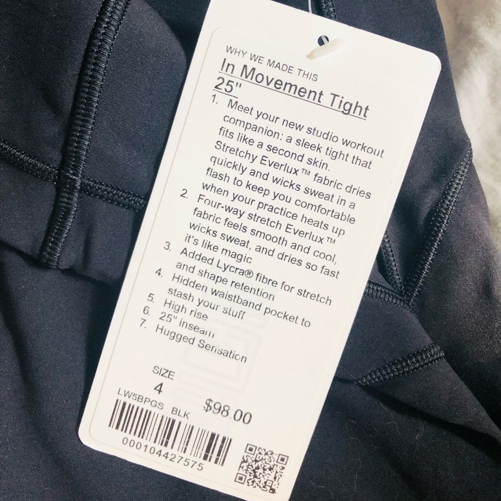 Lululemon Black In Movement Legging 25” NWT Size 4